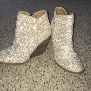 Lace wedge booties